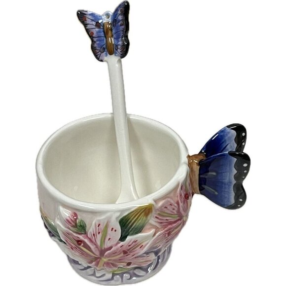 Corner Ruby Butterfly Lily Flower Ceramic Handcrafted Tea Cup-Saucer-Spoon Set - Picture 6 of 7
